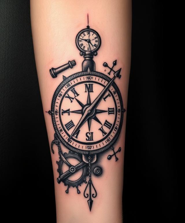 Compass and clock tattoo